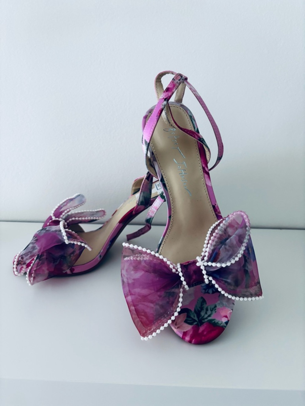 Betsey Johnson Pink Floral Bow Heels with Pearl Trim